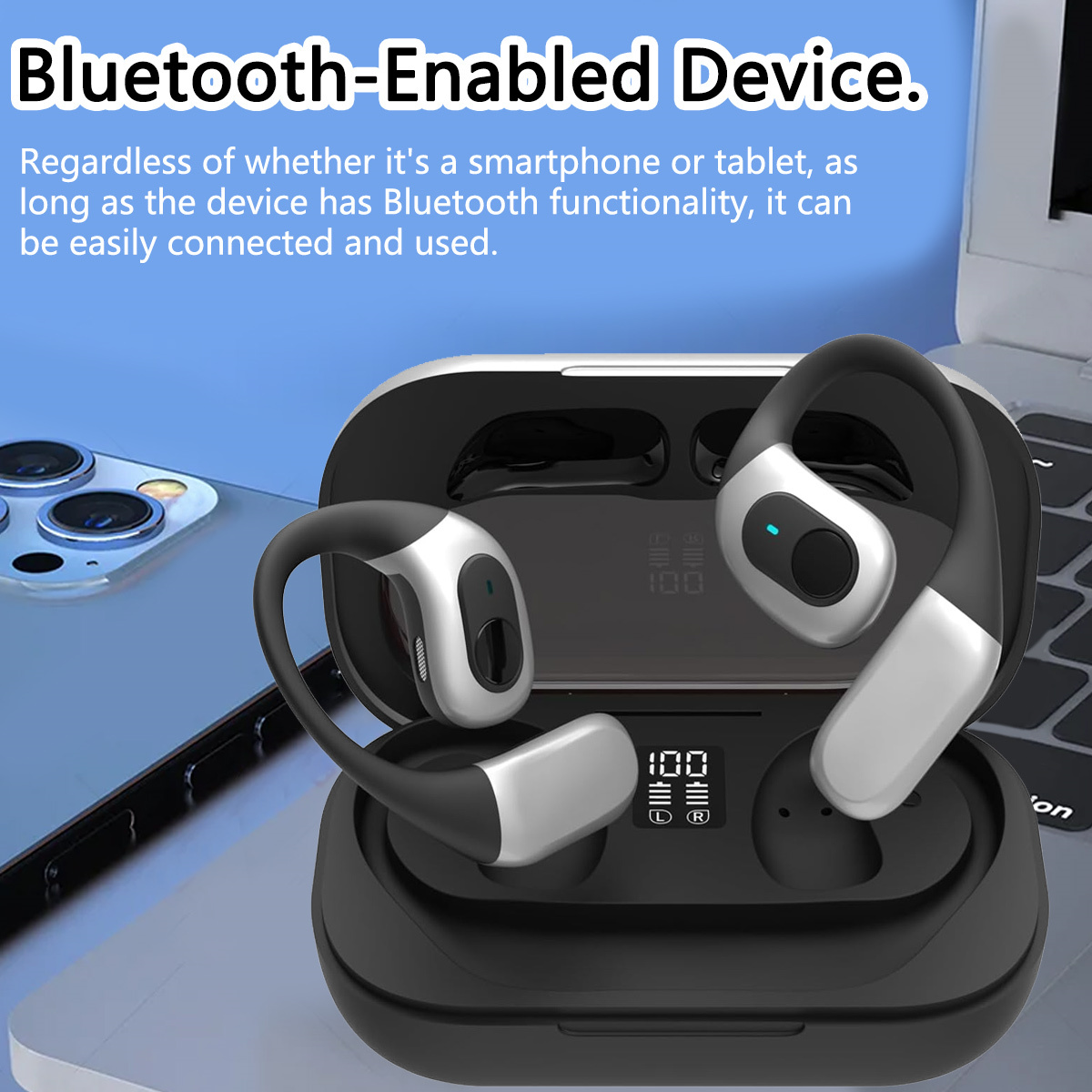 Ohrhörer im Case, Kopfhörer und Text: 'Bluetooth-fähiges Gerät' auf grauer Oberfläche.