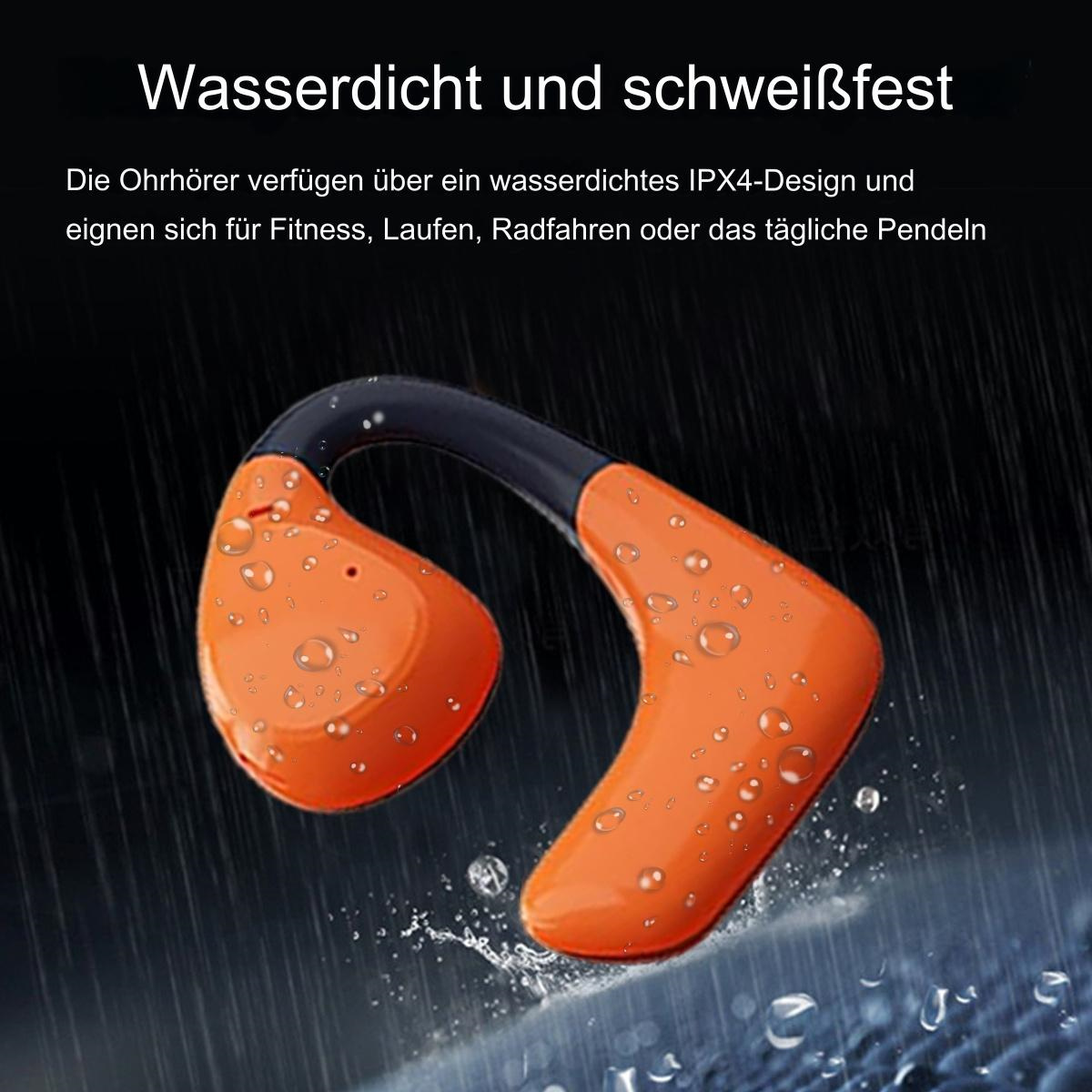 Orangene wasserdichte Kopfhörer mit Wassertropfen. Dunkler Hintergrund mit Tropfen.