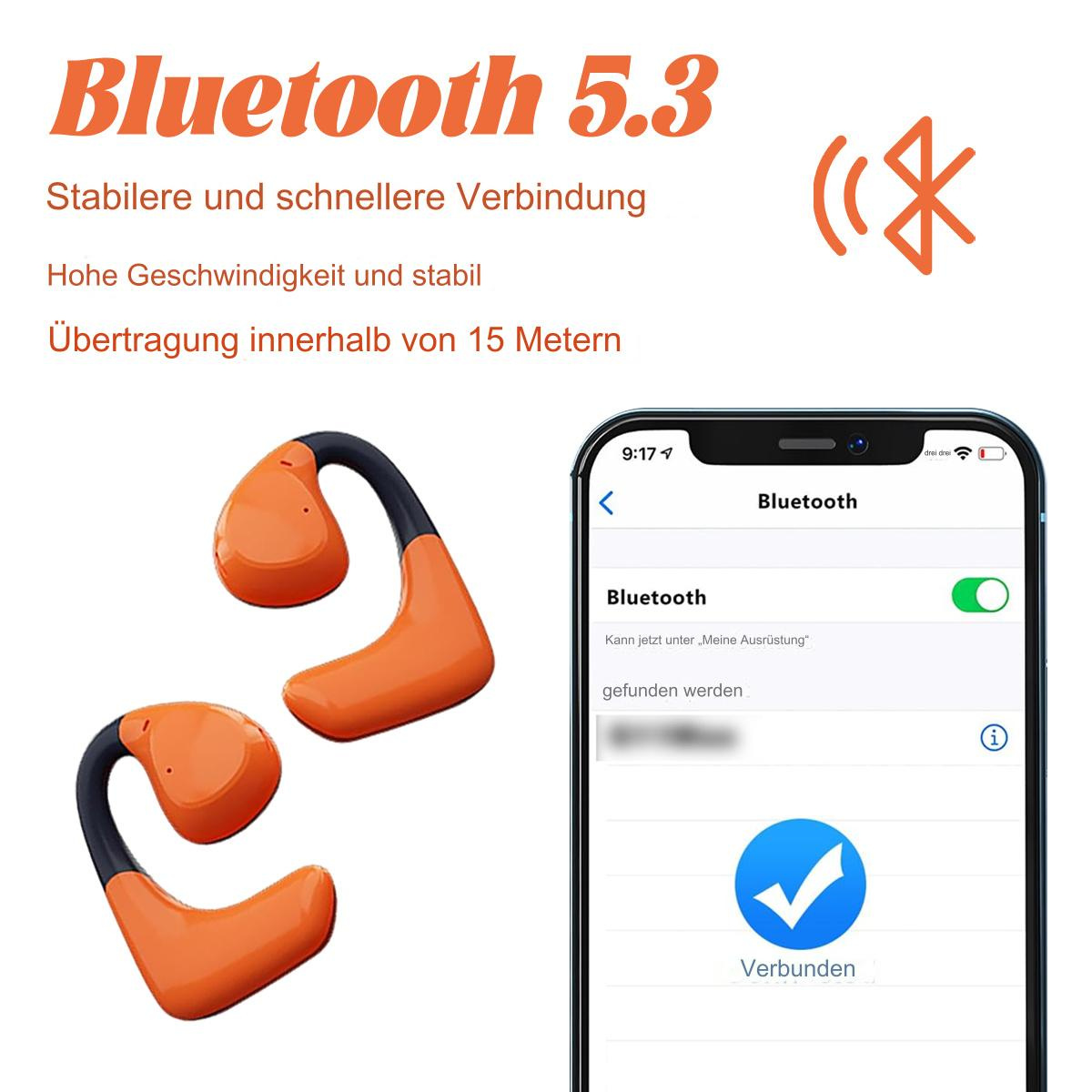 Orange und schwarze Ohrhörer und ein Smartphone. Bluetooth 5.3 Text ist sichtbar.