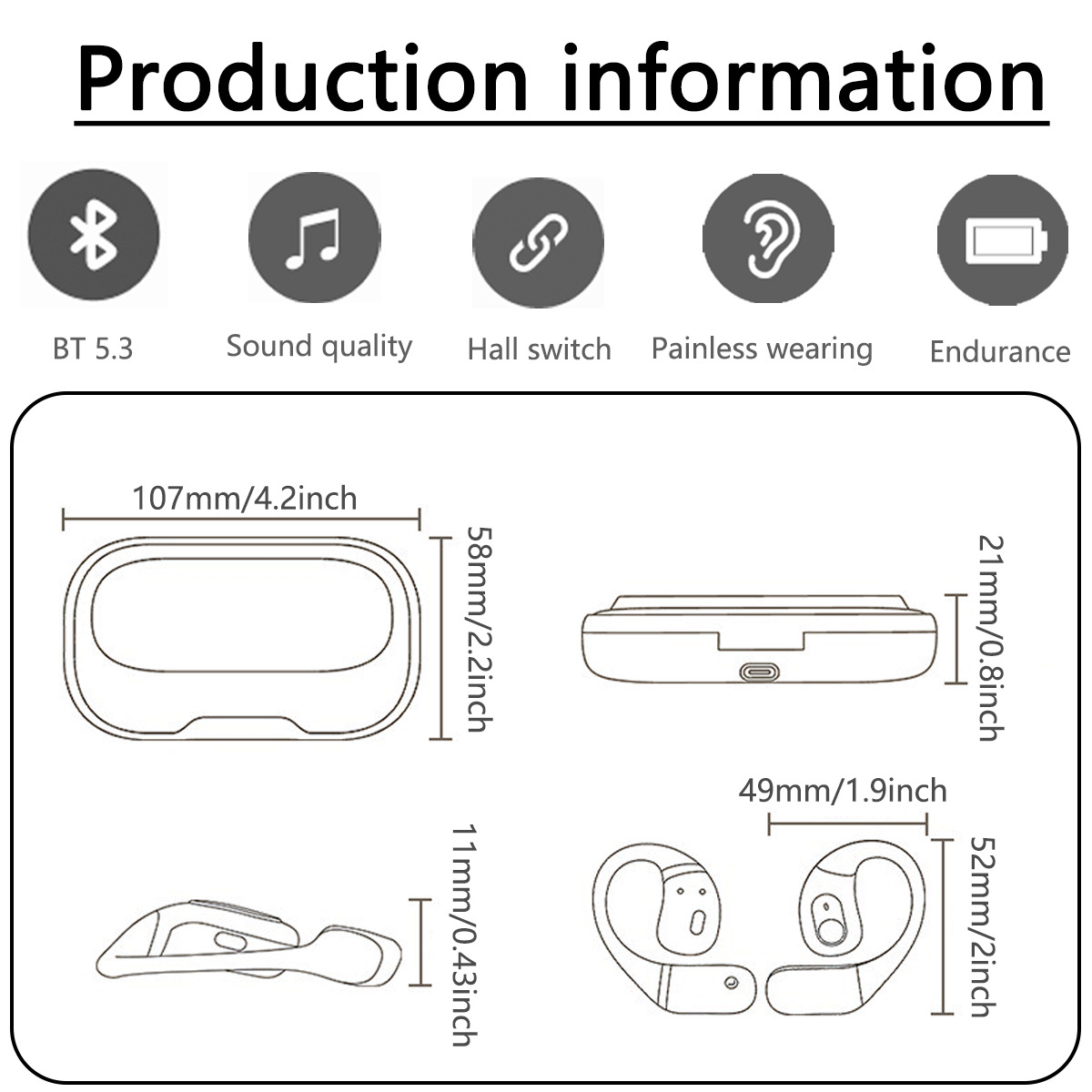 Diagramm mit Funktionen von Ohrhörern und Hülle, beschriftet: BT 5.3, Klangqualität, Hall-Schalter.