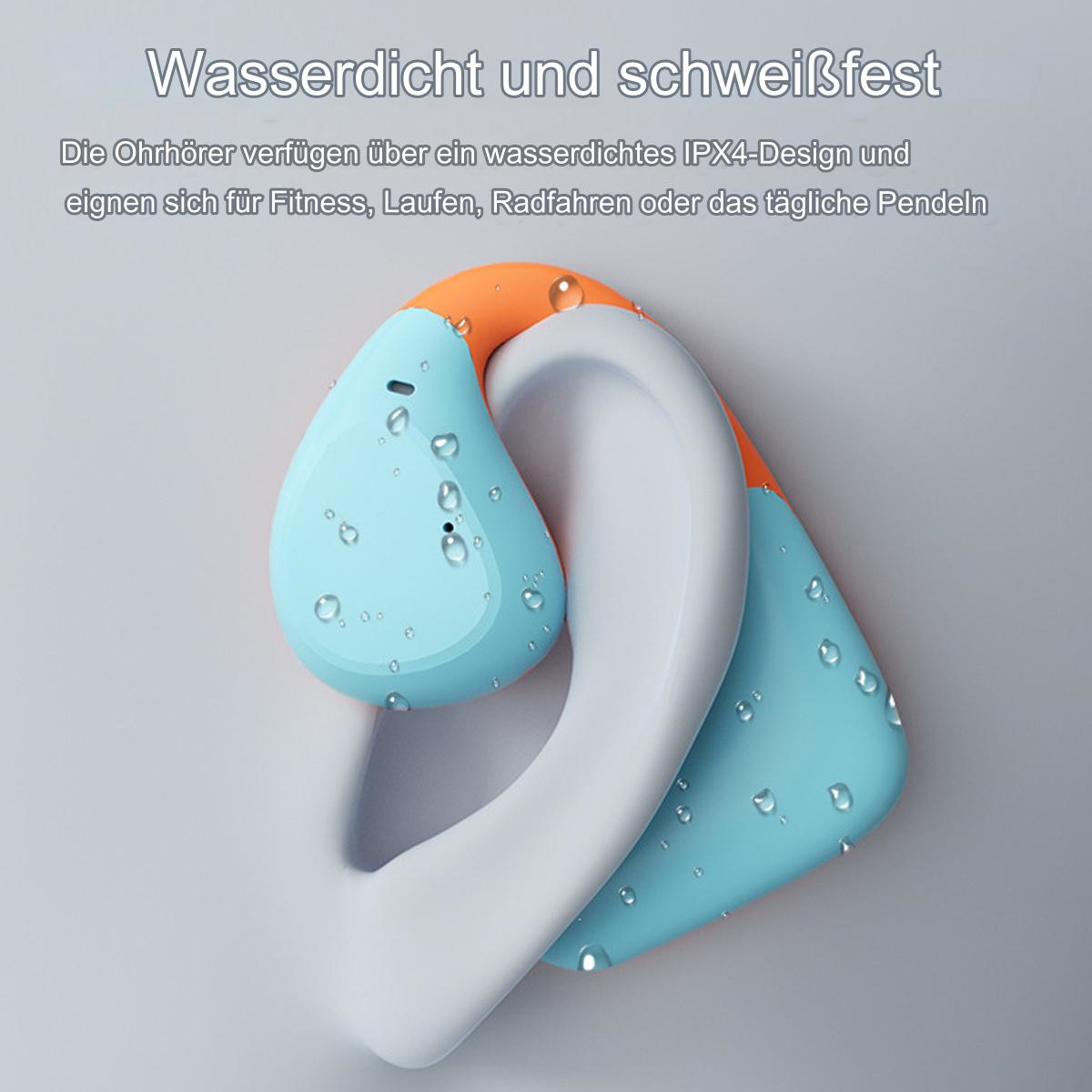Blau-oranger Ohrhörer mit Wassertropfen. Grauer Hintergrund. Text: wasserdicht und schweißfest.