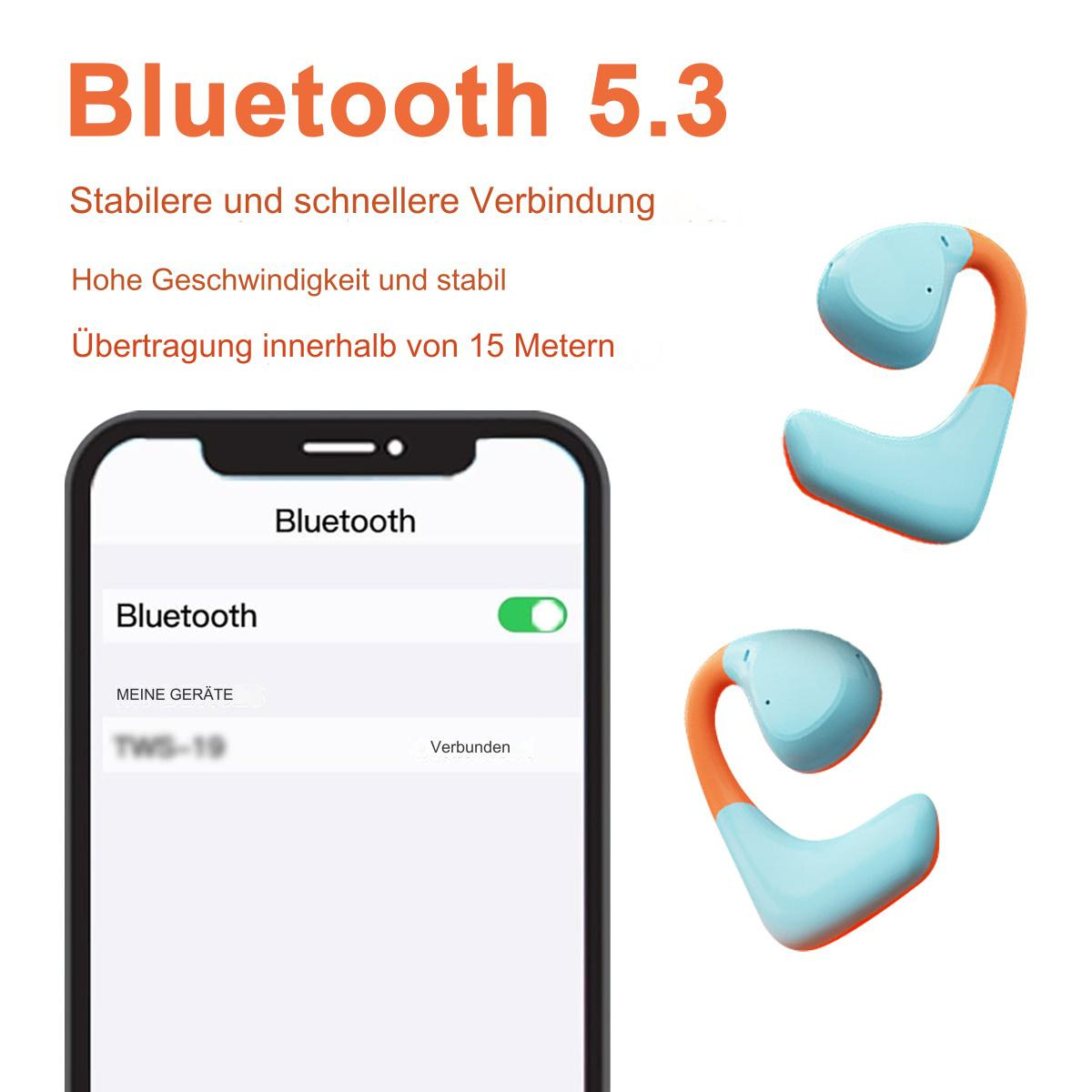 Zwei blaue und orangefarbene kabellose Ohrhörer, ein Telefon, das Bluetooth anzeigt, und Text.