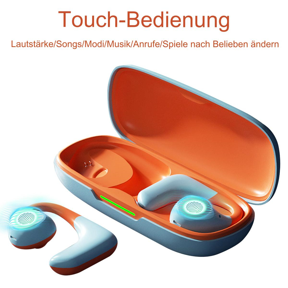 Kabellose Ohrhörer in Ladecase. Hellblaue und orange Farben. Die Ohrhörer sind weiß.
