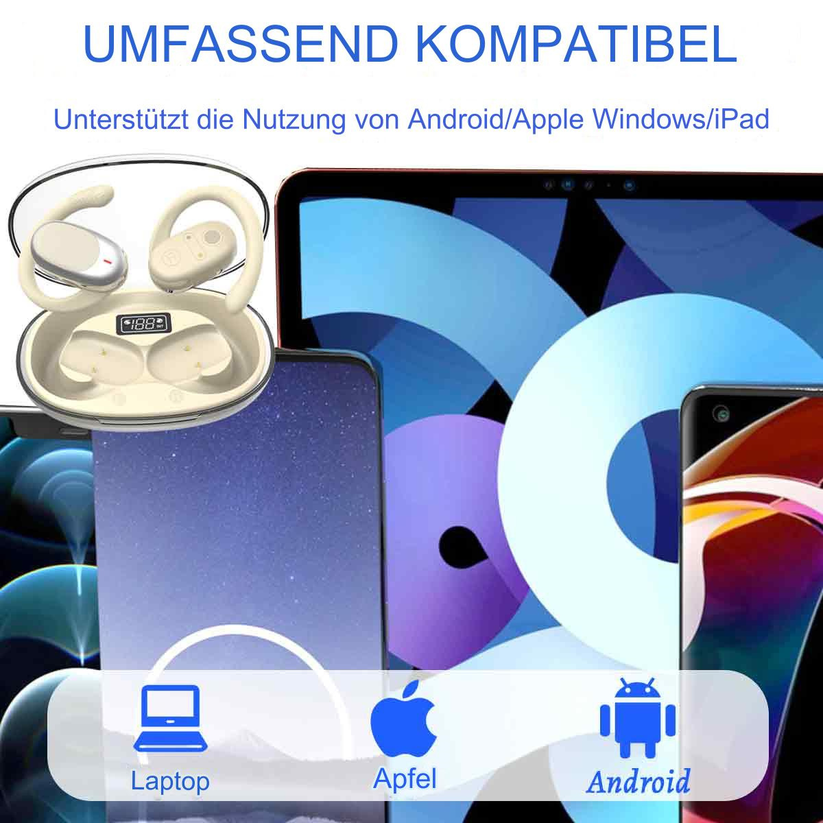 Weiße Ohrhörer und Geräte mit Text zur Kompatibilität für Telefon, Tablet und Laptop.
