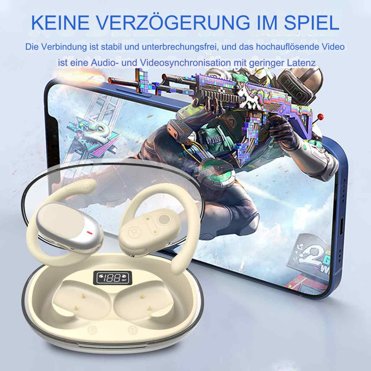 Weiße Ohrhörer und ein Ladecase mit einem Telefon, das ein Spiel im Hintergrund anzeigt.