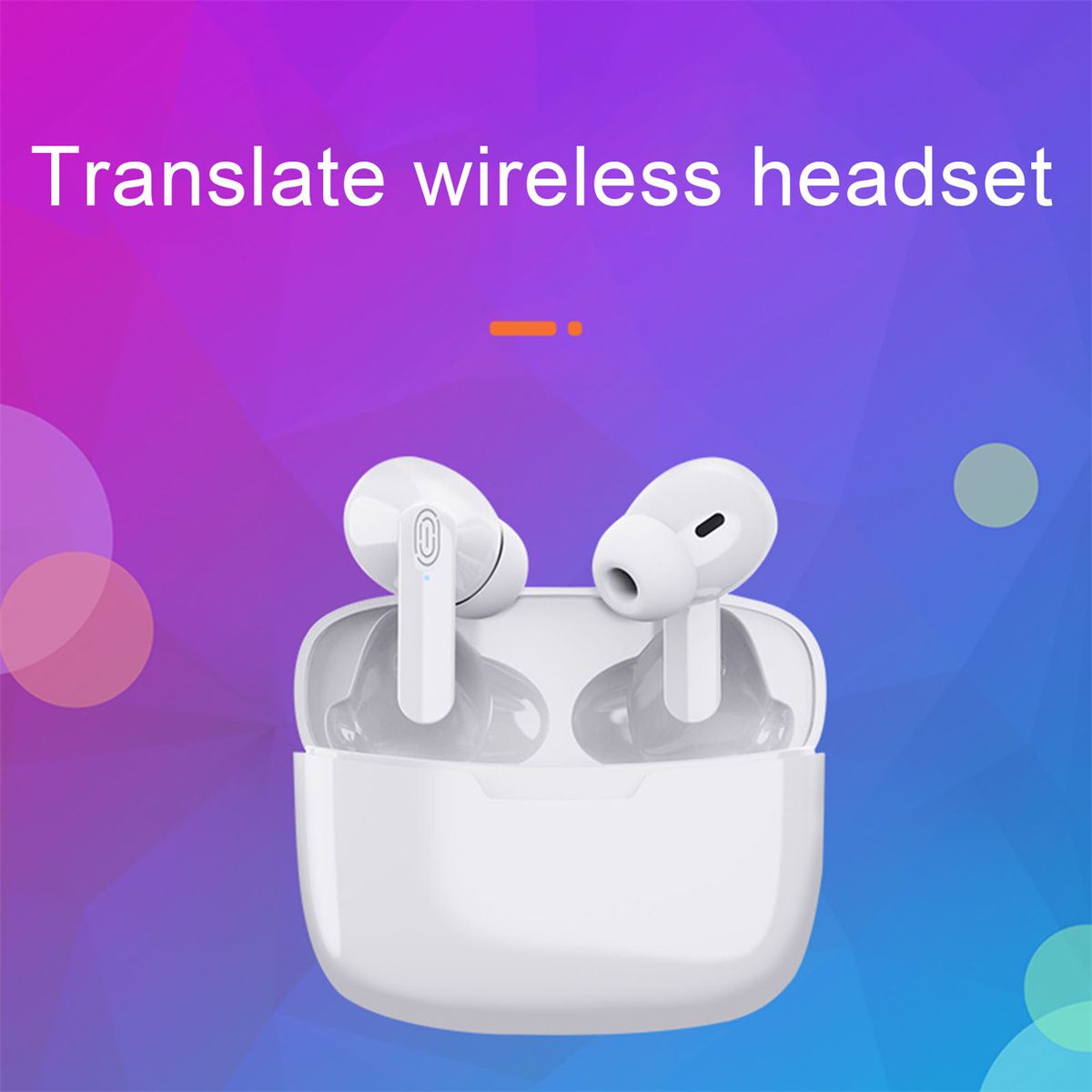 Weiße kabellose Ohrhörer in weißem Ladecase. Text: Kabelloses Headset übersetzen. Farbverlauf-Hintergrund.