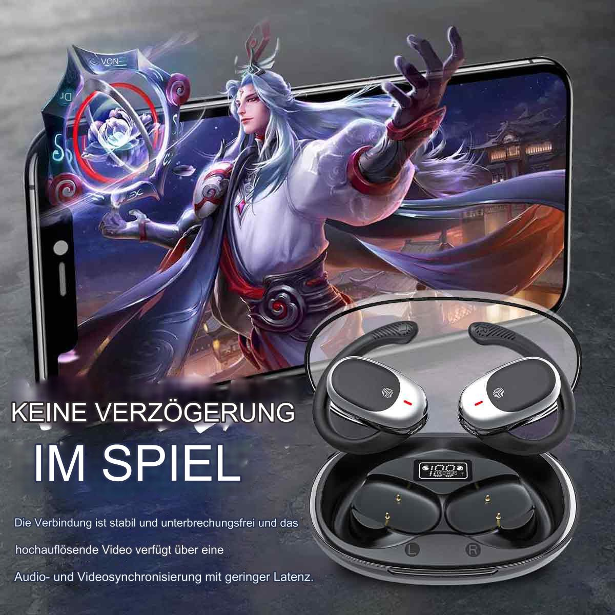 Gaming-Ohrhörer, Telefon mit Krieger. Text: 'Keine Verzögerung im Spiel'.