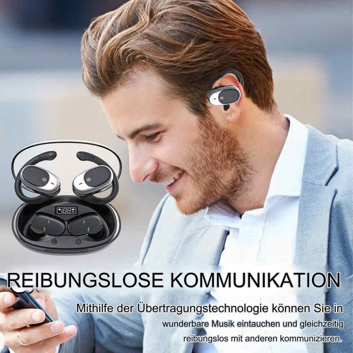 Mann mit Ohrhörern im Etui, Text auf dem Telefon. Text: REIBUNGSLOSE KOMMUNIKATION.