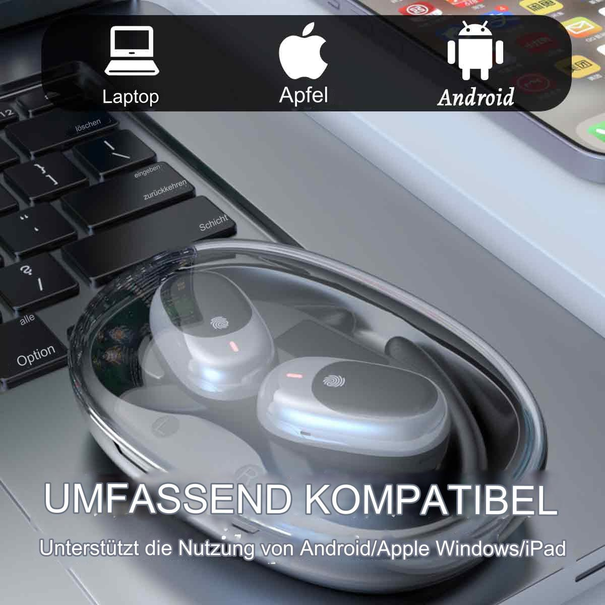 Ohrhörer in einem transparenten Ladeetui auf einer Laptop-Tastatur.