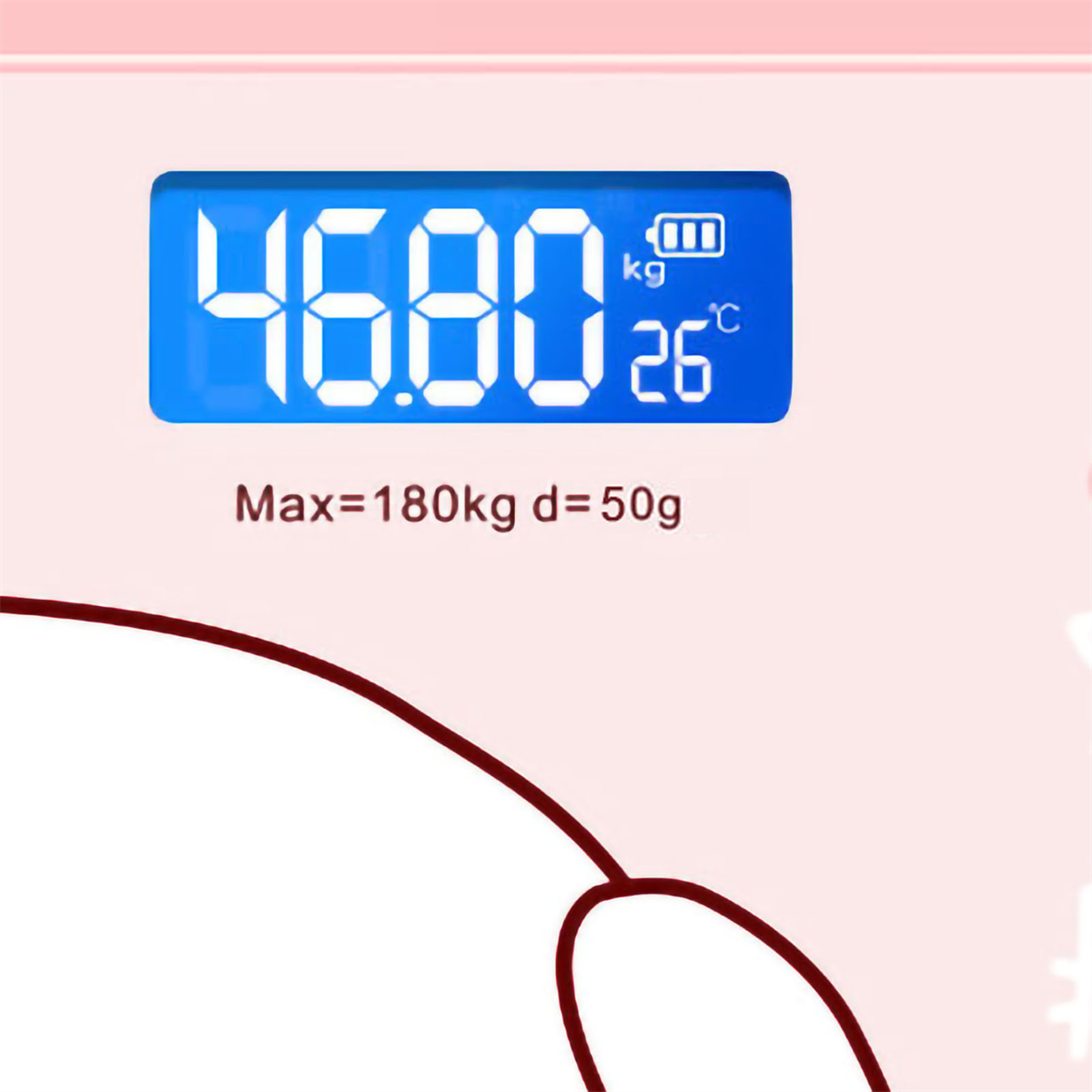 Digitalwaage mit blauem Display. Zeigt Gewicht: 46,80 kg und Temperatur: 26°C. Text: Max=180kg.