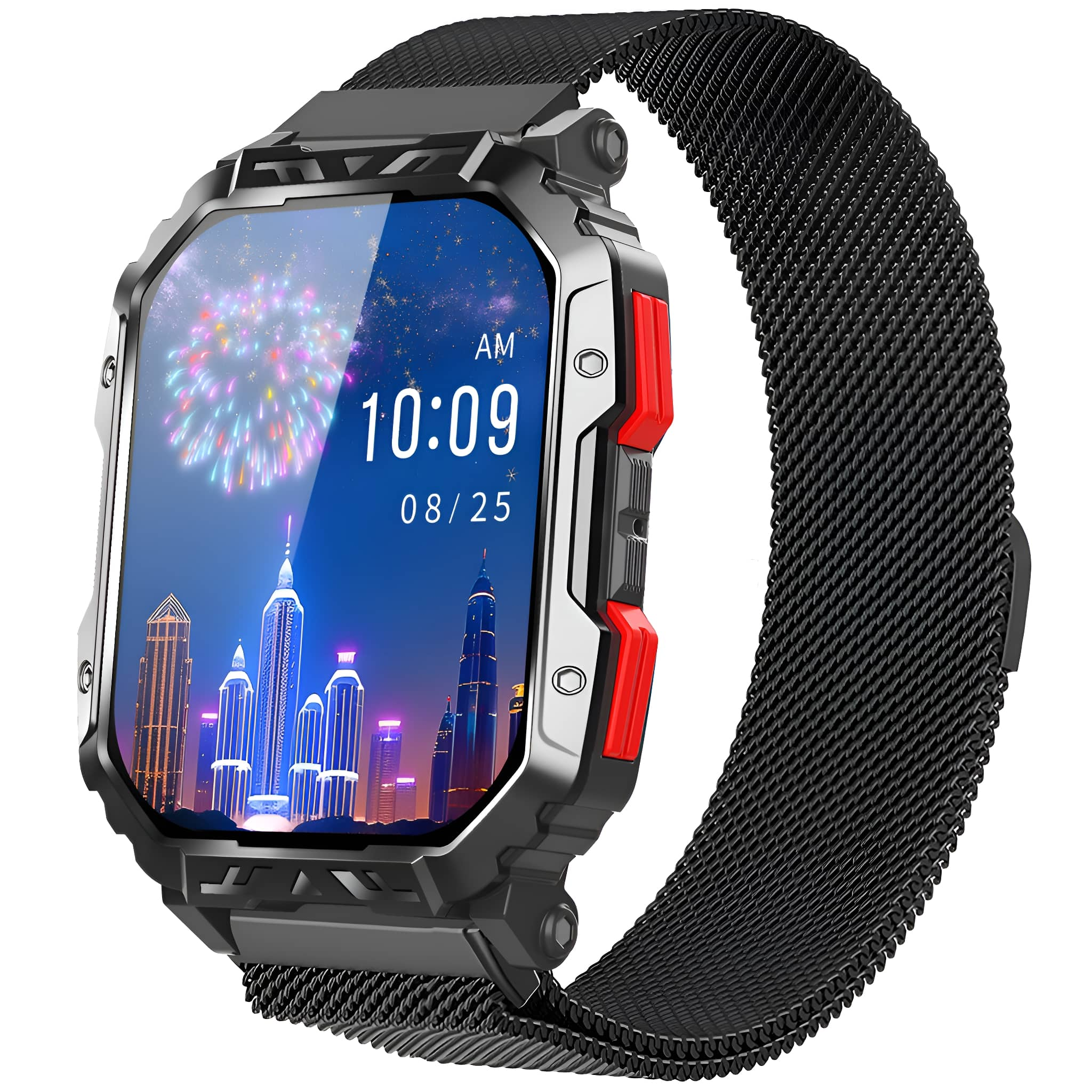 Smartwatch am schwarzen Mesh-Armband, zeigt Uhrzeit und Feuerwerk. Schwarz und rote Akzente.