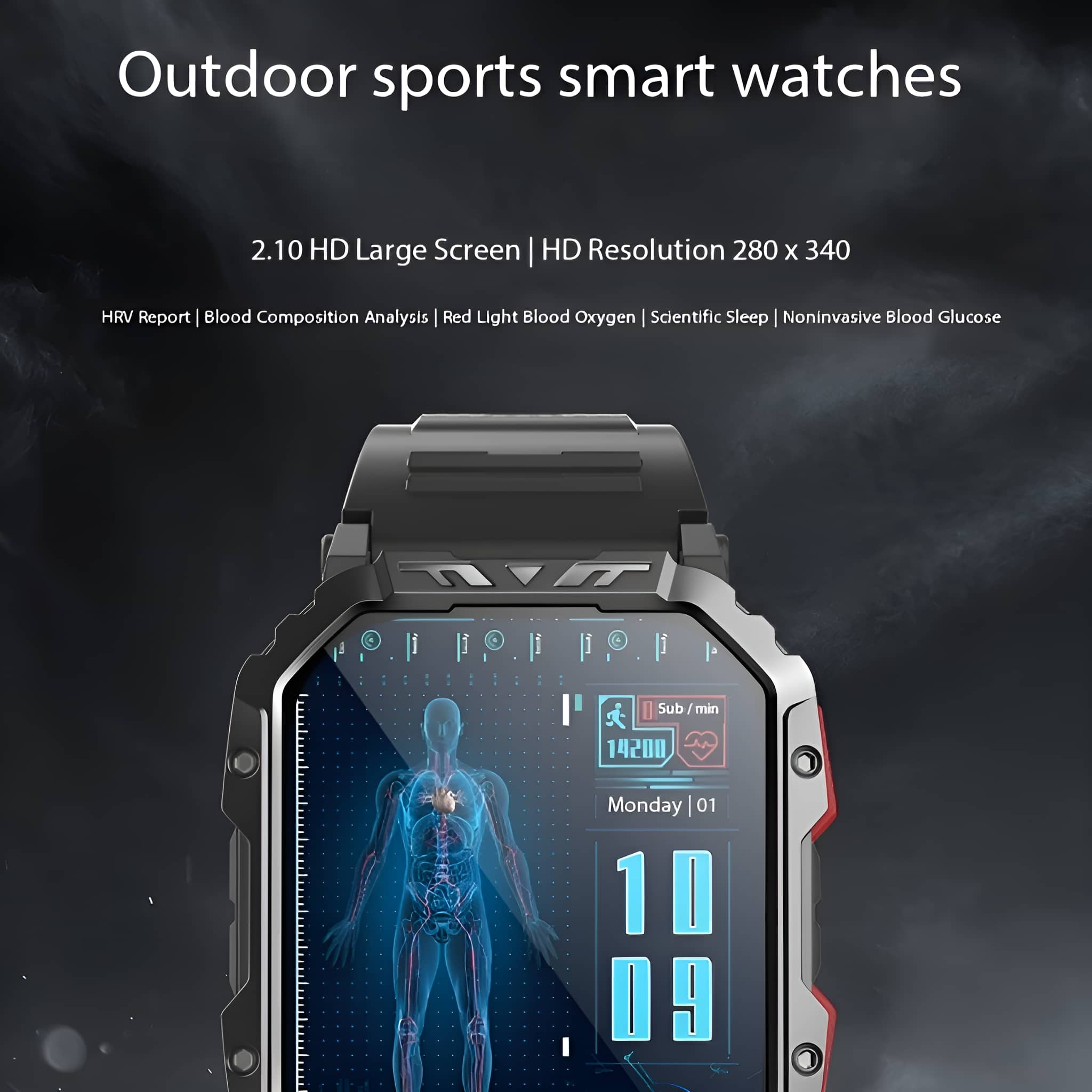 Eine Smartwatch mit digitaler Anzeige, die Gesundheitsmetriken anzeigt. Die Uhr ist schwarz und grau.