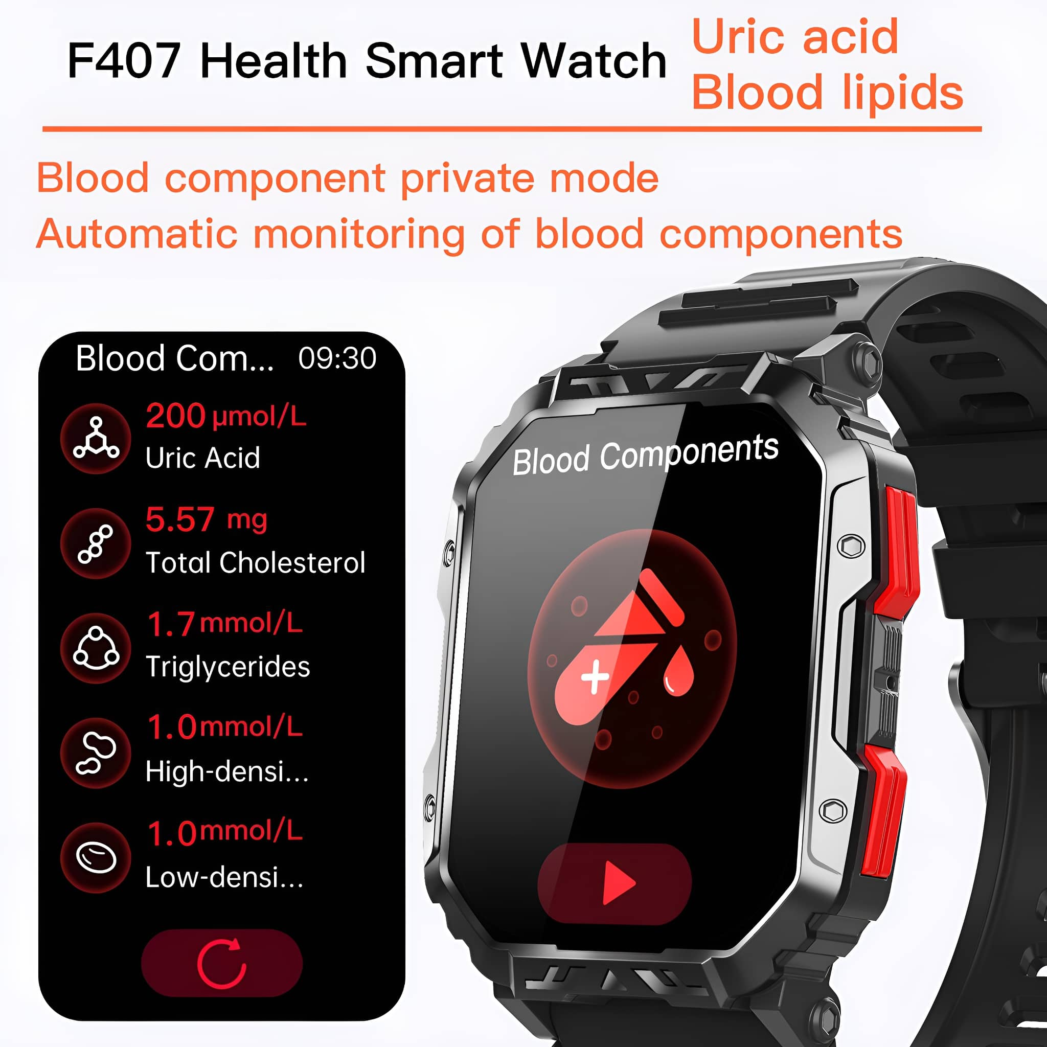 Smartwatch mit angezeigten Blutkomponentenmesswerten auf dem Bildschirm.
