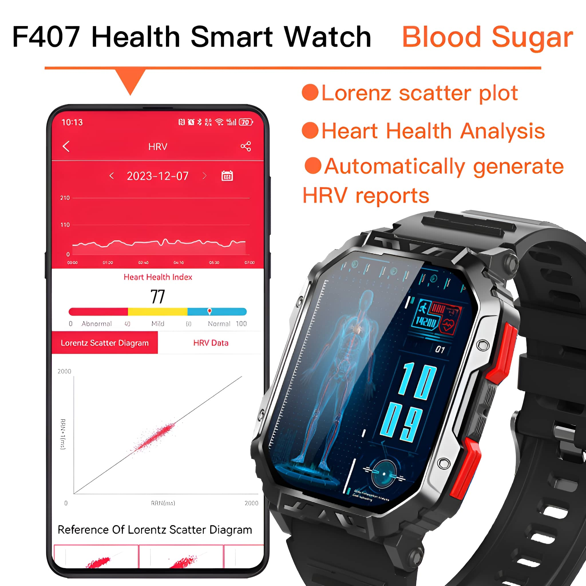Smartwatch mit Touchscreen, der Gesundheitsdaten anzeigt. Enthält eine Herzgesundheitsanalyse.