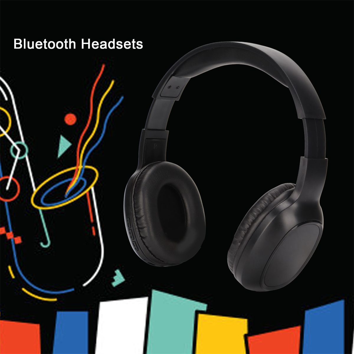 Schwarze Kopfhörer auf schwarzem Hintergrund mit bunten Linien und Formen. Der Text lautet "Bluetooth-Headsets".