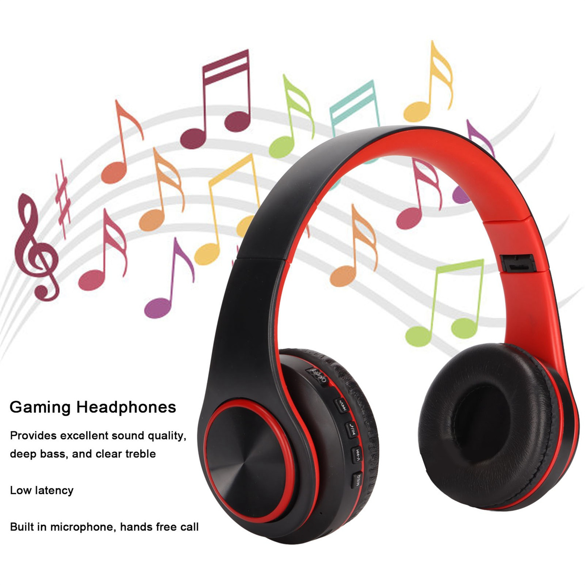 Schwarze und rote Kopfhörer. Noten schweben im Hintergrund. Text lautet 'Gaming-Kopfhörer'.