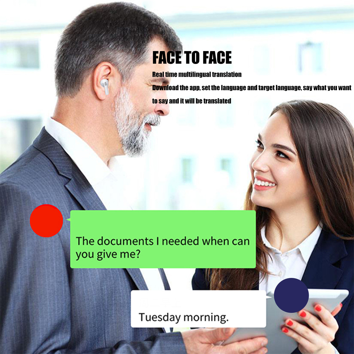 Zwei Personen unterhalten sich. Text: Face to Face. Sprechblasen mit Text, eine rot, eine blau.