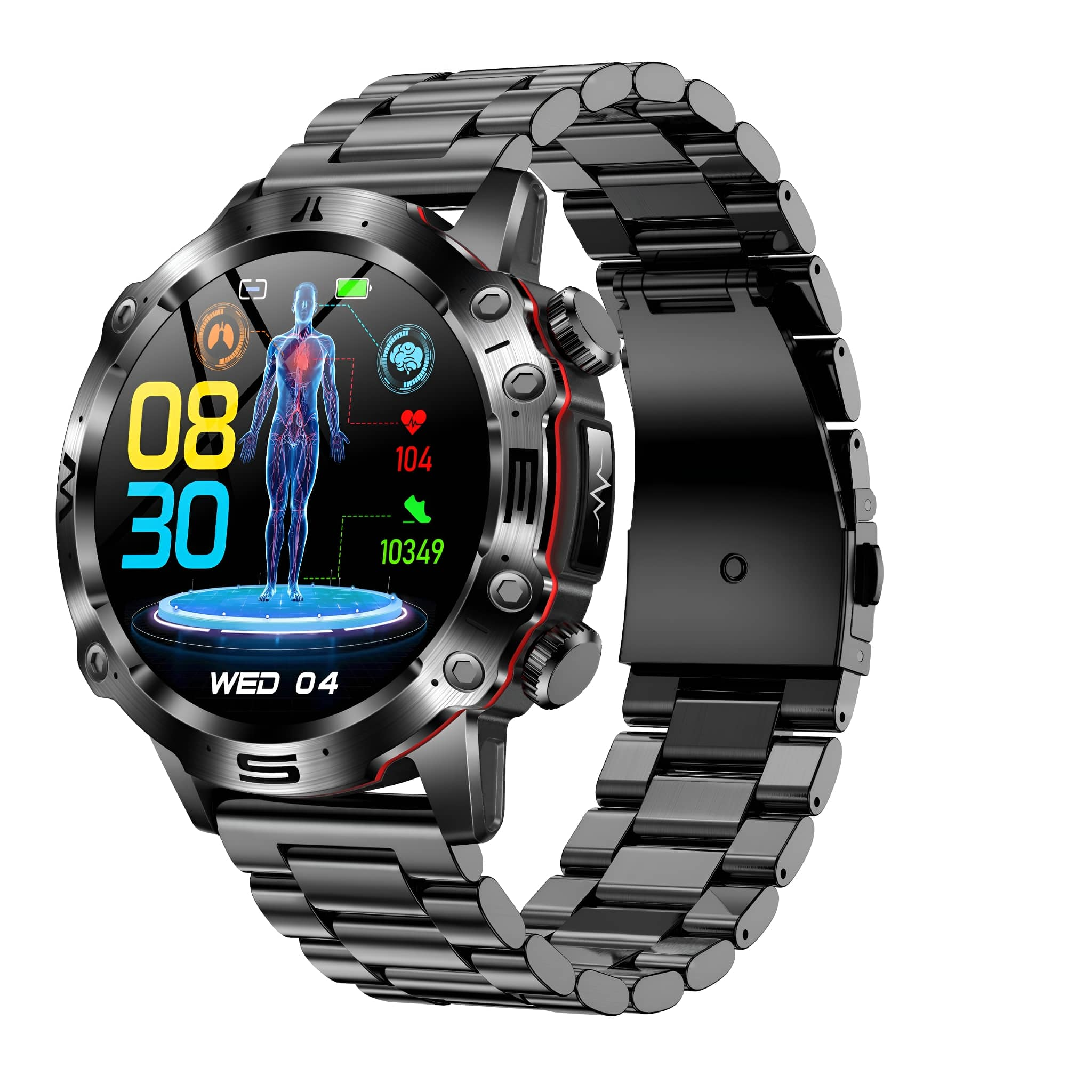 Eine schwarze Smartwatch mit Metallarmband, zeigt Gesundheitsdaten auf einem Bildschirm.