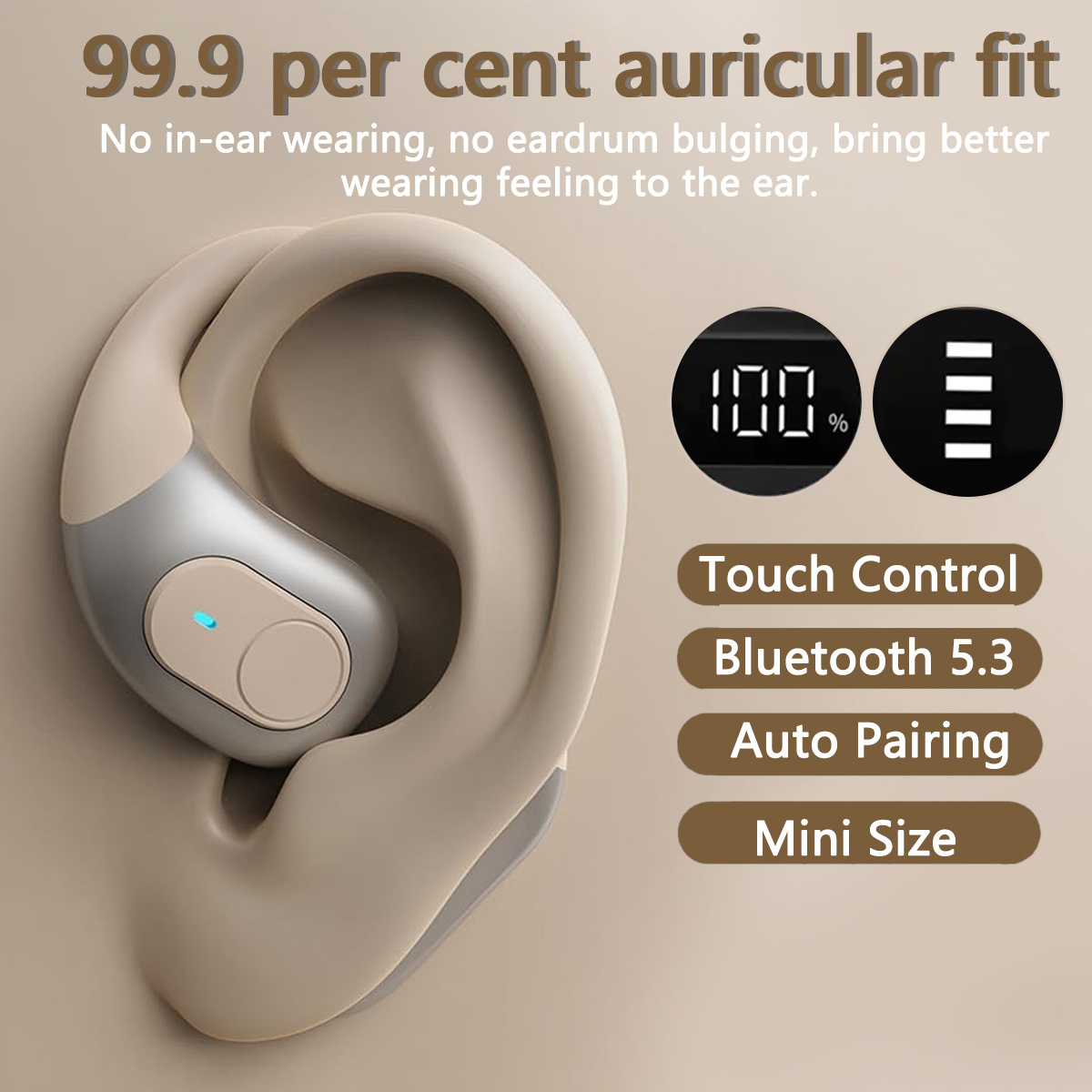 Ohrhörer am Ohr, mit Text: Touch Control, Bluetooth 5.3, Auto Pairing, Mini Size.
