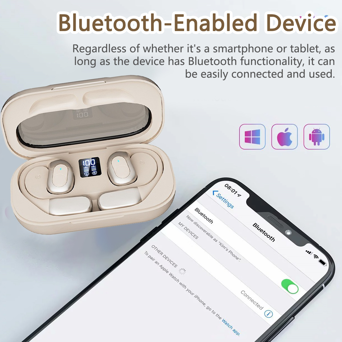 Ohrhörer im Etui und ein Telefon, das Bluetooth-Einstellungen anzeigt und mit den Ohrhörern verbunden ist.