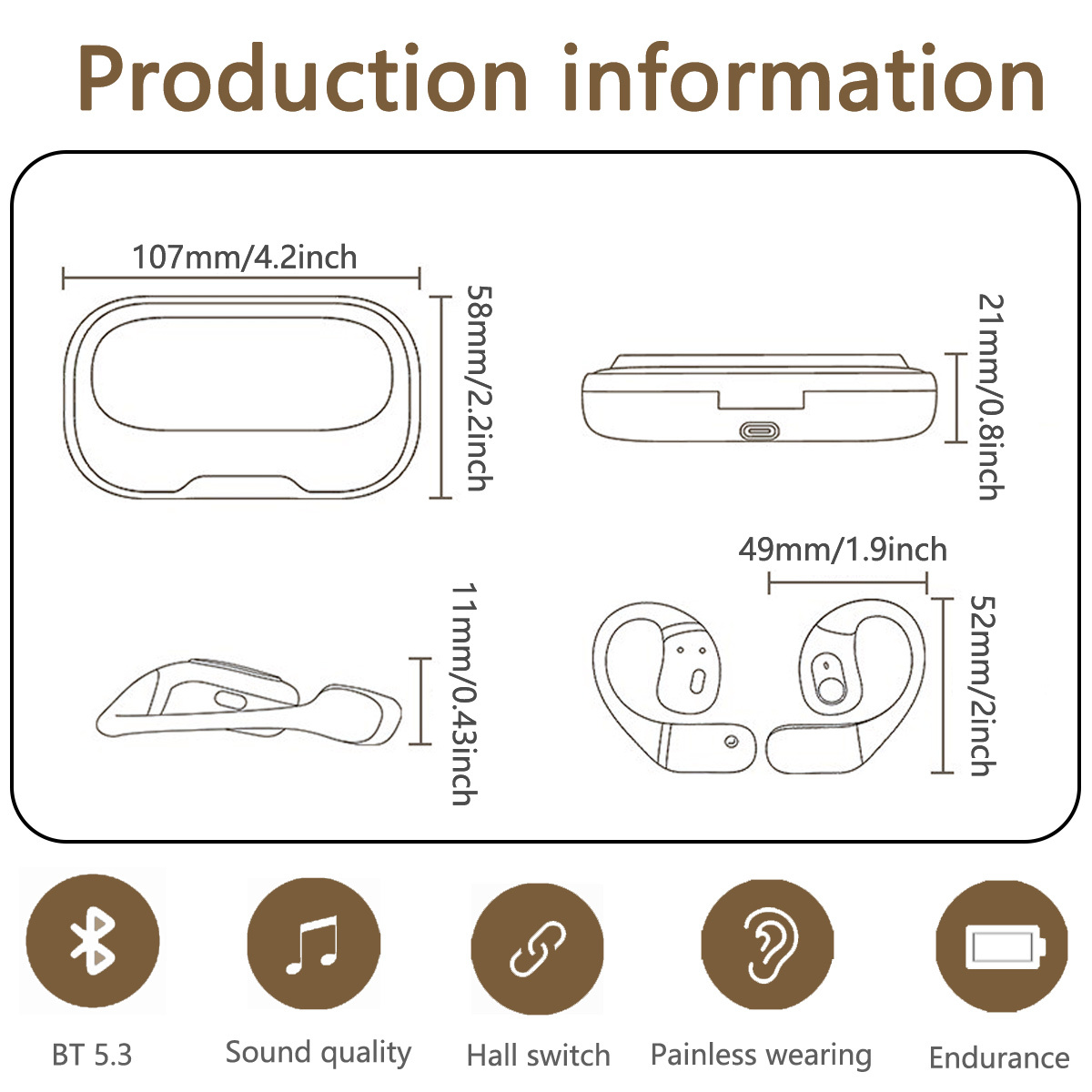 Diagramm von Ohrhörern und Ladeetui mit Abmessungen und Symbolen für Funktionen.