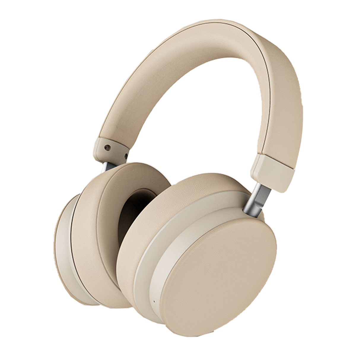 Beige Kopfhörer mit gepolstertem Bügel und Ohrmuscheln, weißer Hintergrund.