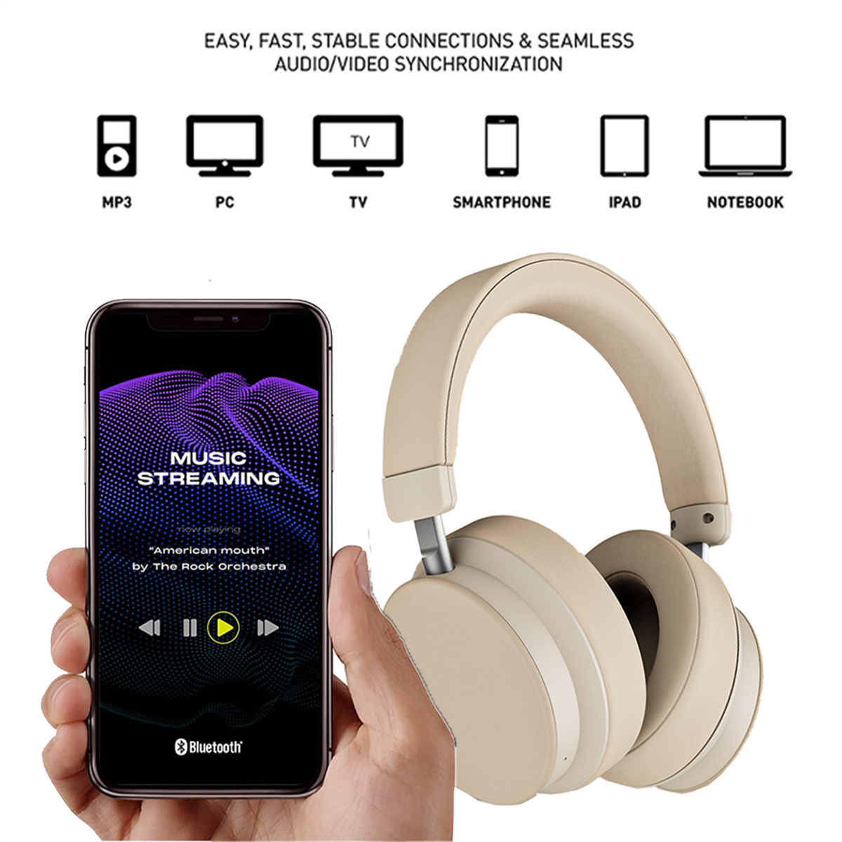 Kopfhörer und Smartphone mit Streaming-Oberfläche, mit Konnektivitäts-Icons.