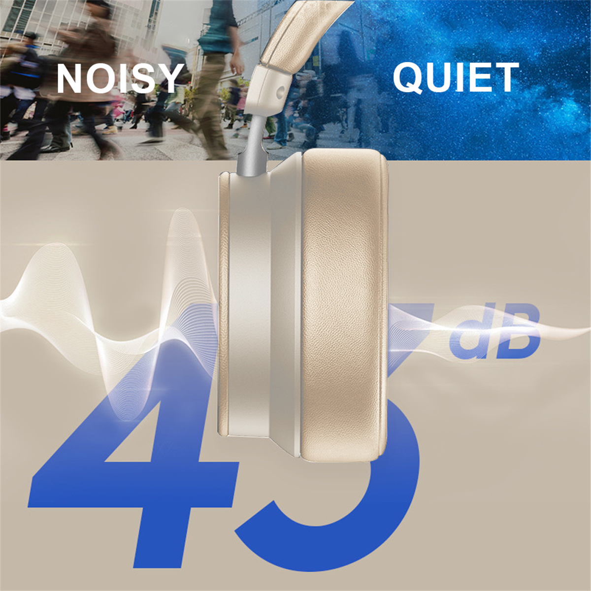 Kopfhörer mit goldfarbener Ohrmuschel. Text-Overlay: Noisy vs Quiet. Nummer 49 dB wird angezeigt.