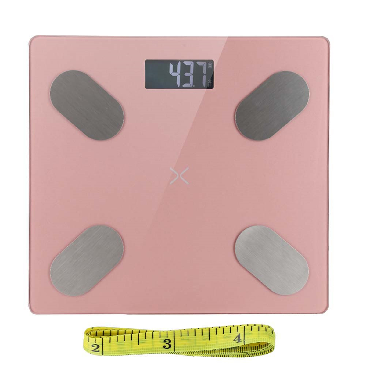 Eine rosa Digitalwaage mit silbernen Pads. Die Anzeige zeigt ein Gewicht von 43,7. Ein Maßband darunter.