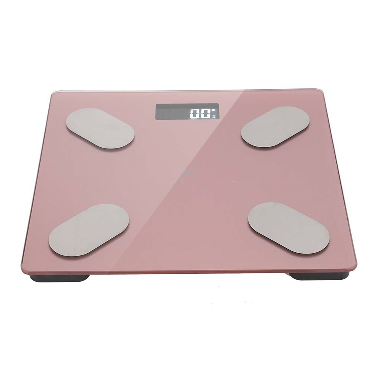 Eine rosa digitale Waage mit vier silbernen Pads. Sie hat eine Digitalanzeige mit '0.0'.