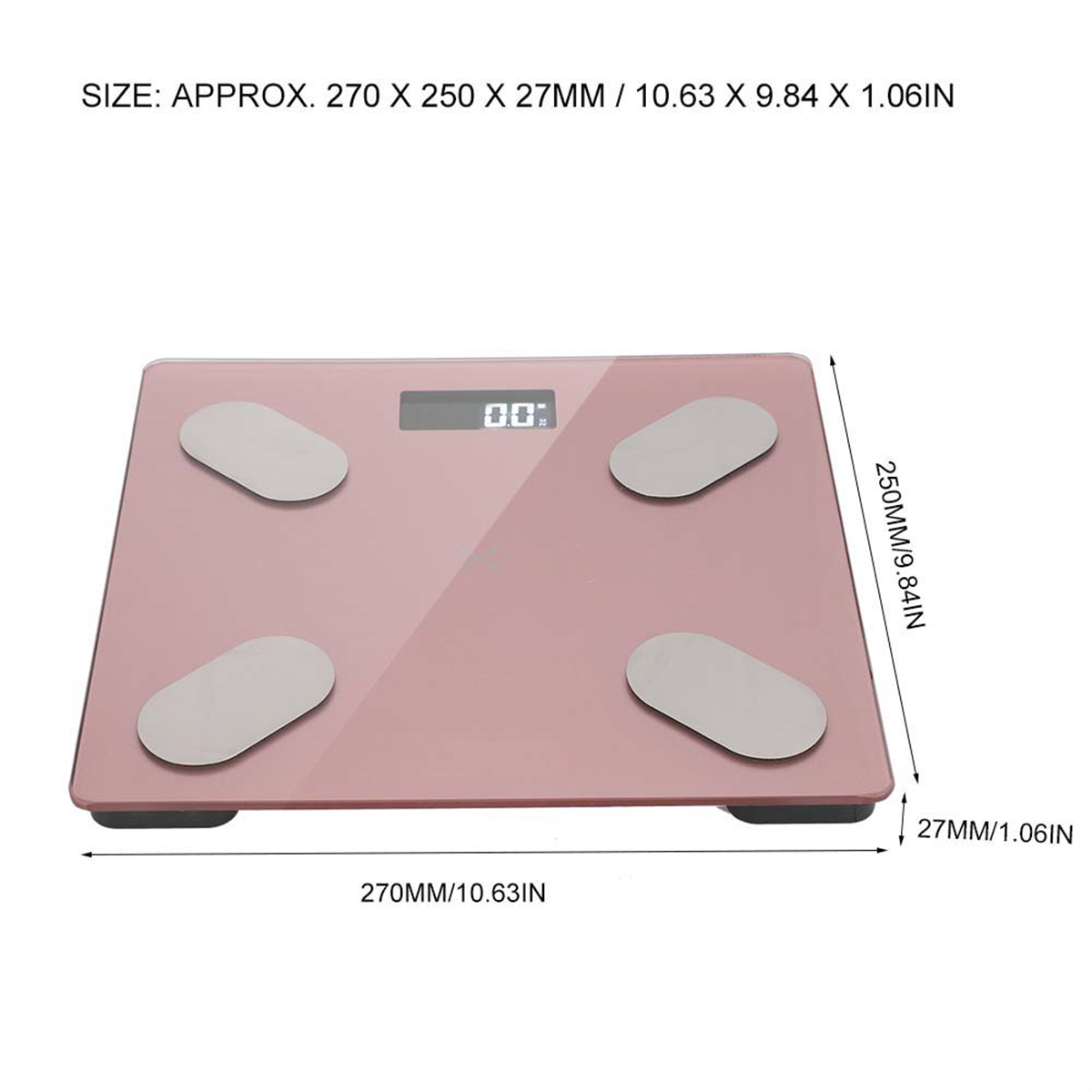 Eine rosa Körperwaage mit vier silbernen Fußpads und einer Digitalanzeige mit Zahlen.