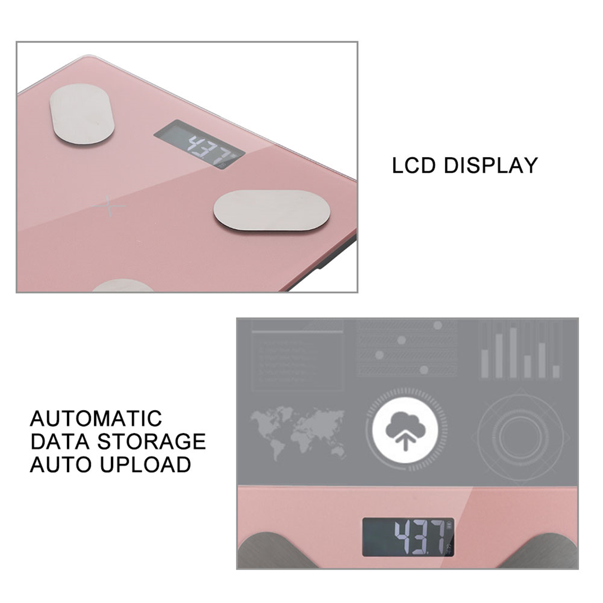 Digitale Waage mit rosa Oberseite mit detaillierter Ansicht der Anzeige. Das Display zeigt 43,7.