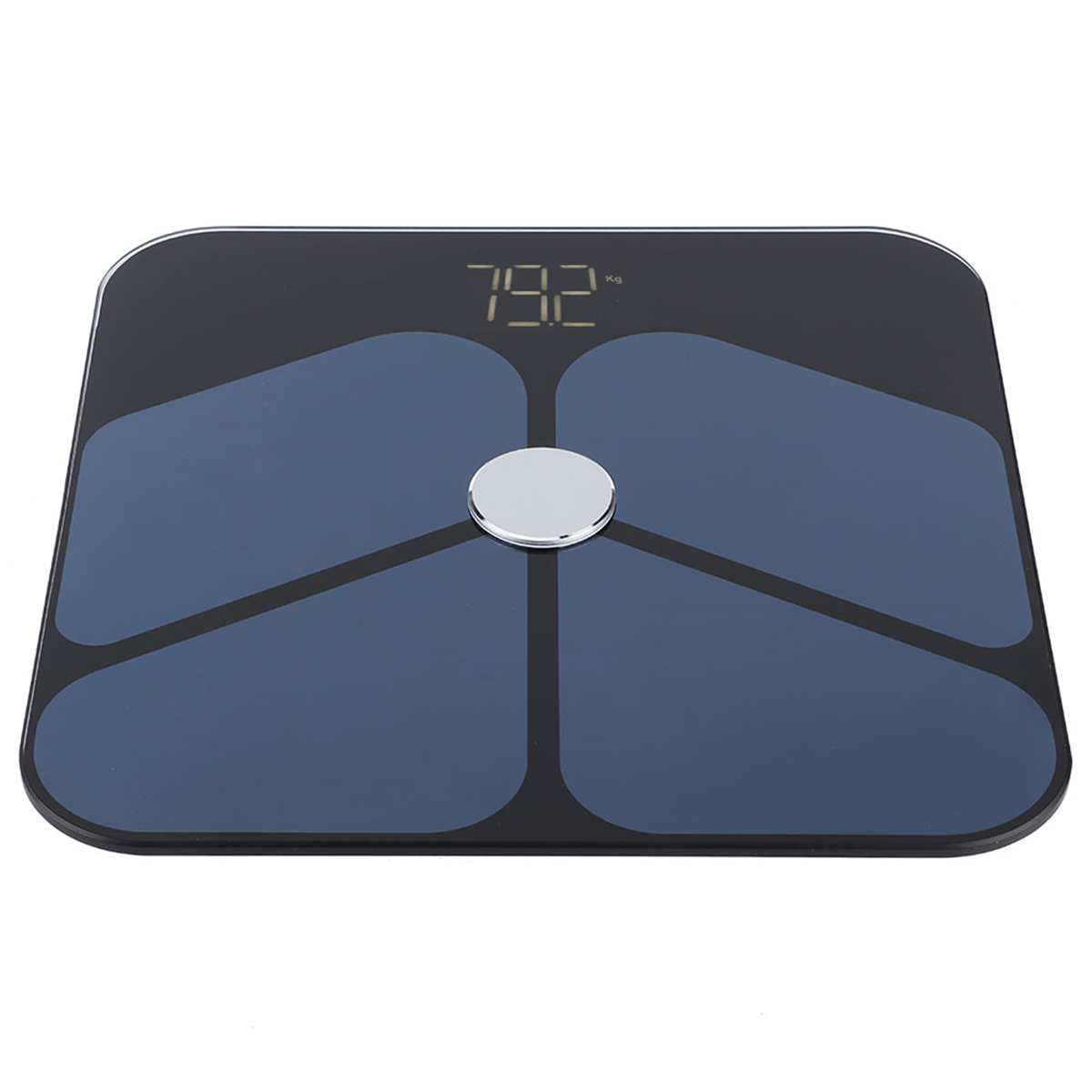 Digitale Waage mit 79,2 kg. Eine quadratische Waage mit vier schwarzen Feldern.