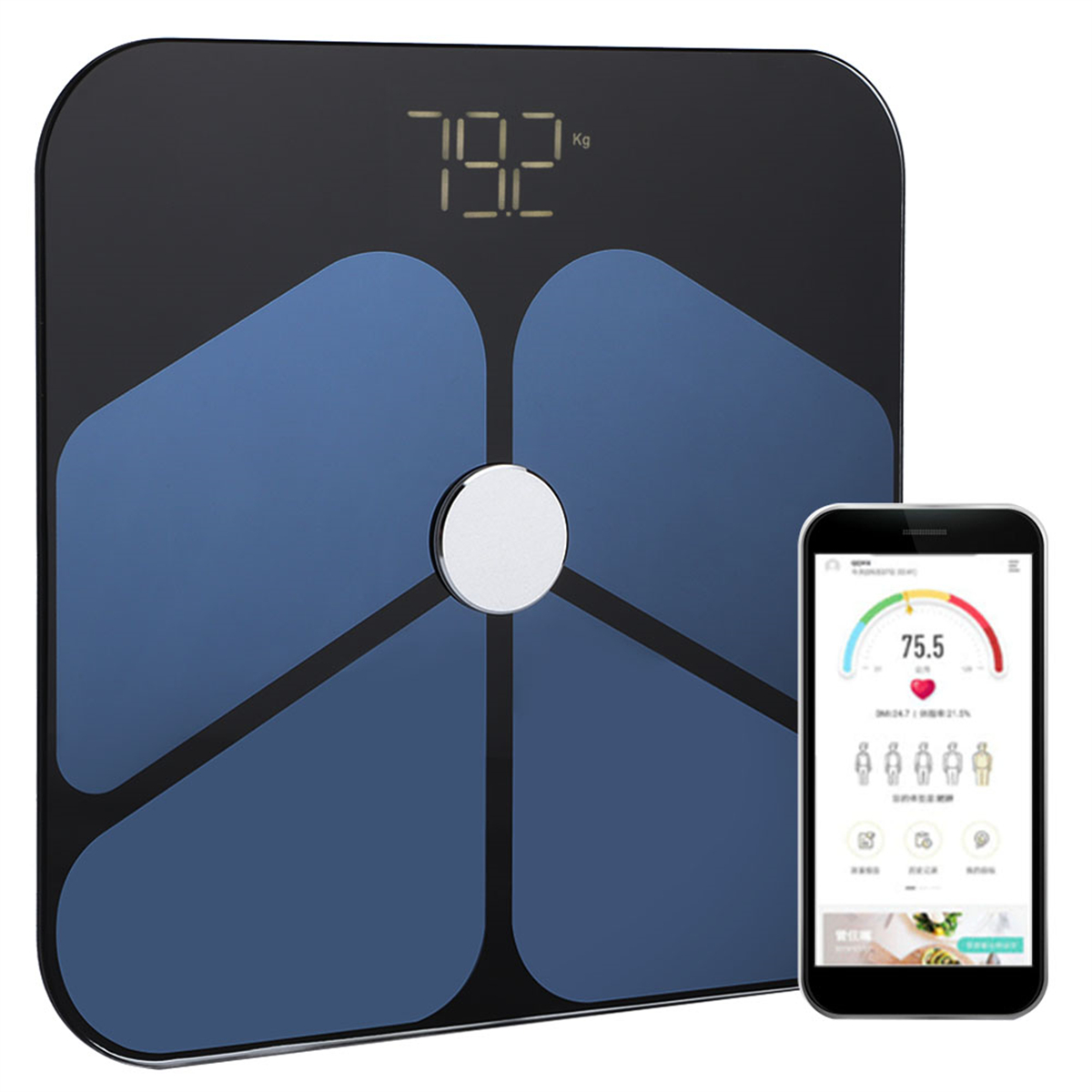 Digitale Smart-Waage mit Telefon, das Gewichtsdaten anzeigt. Schwarze Waage, blaue Flächen, Telefon mit App.