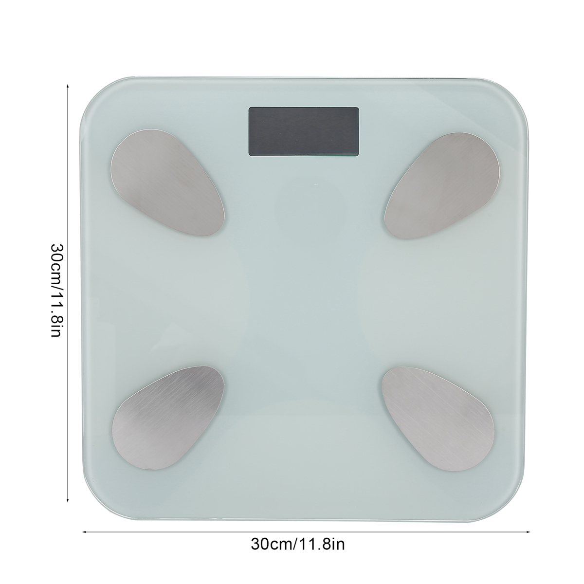 Eine Glasswaage mit vier silbernen Pads, misst 30 cm/11,8 Zoll.