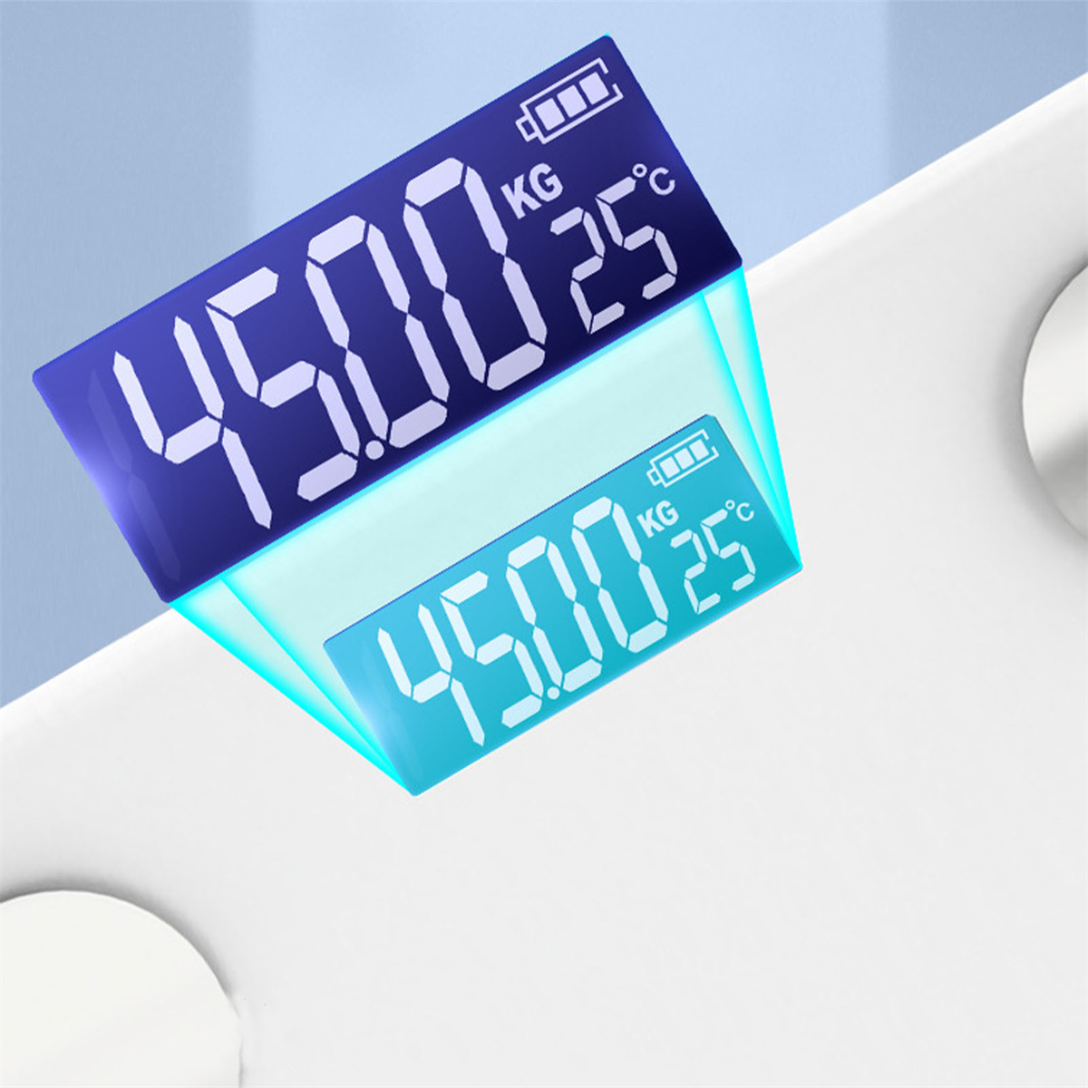Zwei digitale Anzeigen mit Gewichts- und Temperaturwerten. Blau- und Türkistöne.