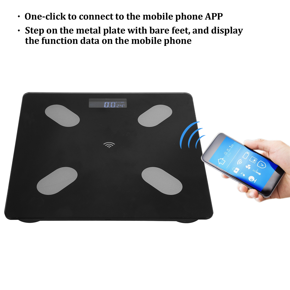 Schwarze Smart-Waage mit Telefon, das Daten und Anweisungen anzeigt.