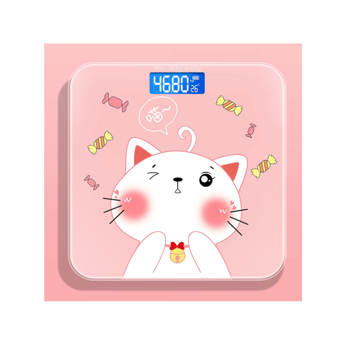 Eine rosa Katzenwaage mit einer lächelnden Katze und Süßigkeiten.