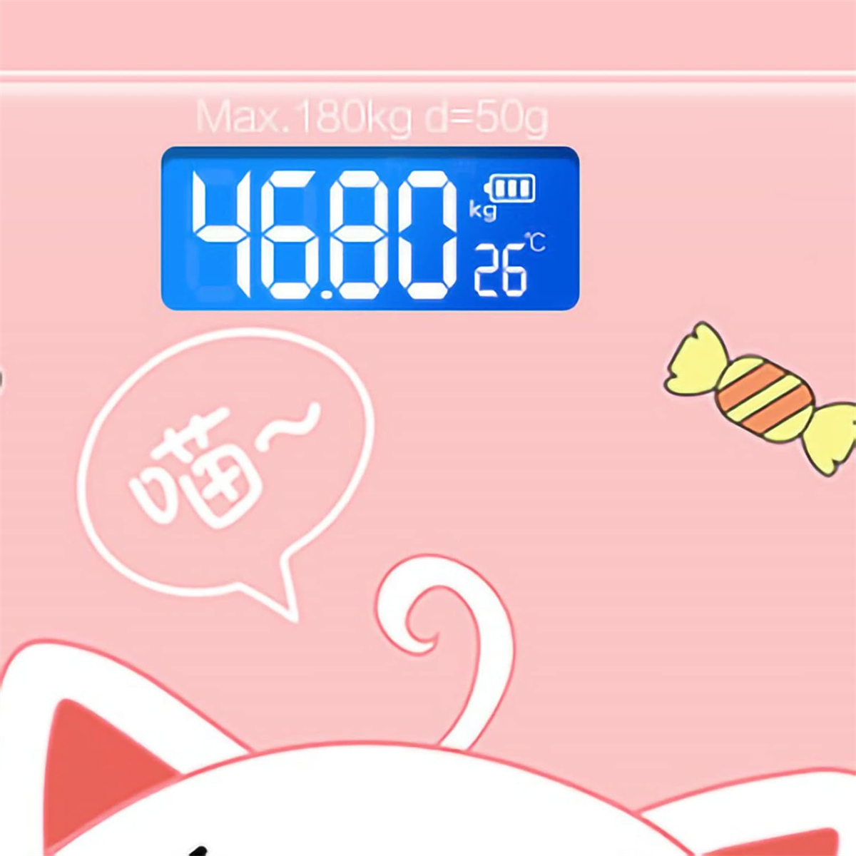 Pinke Digitalwaage mit Anzeige von Gewicht und Temperatur. Cartoon-Katze und Süßigkeiten auf der Waage.