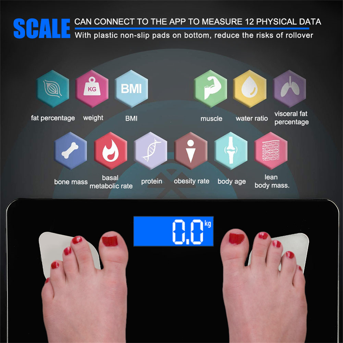 Eine digitale Waage mit mehreren Symbolen für Gesundheitsdaten und einem Paar Füße auf der Waage.