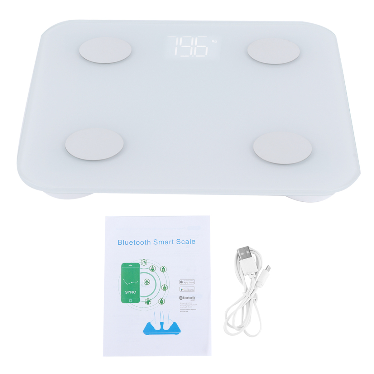Weiße digitale Smart-Waage mit Handbuch und USB-Kabel auf weißer Oberfläche. Vier Fußpolster sichtbar.
