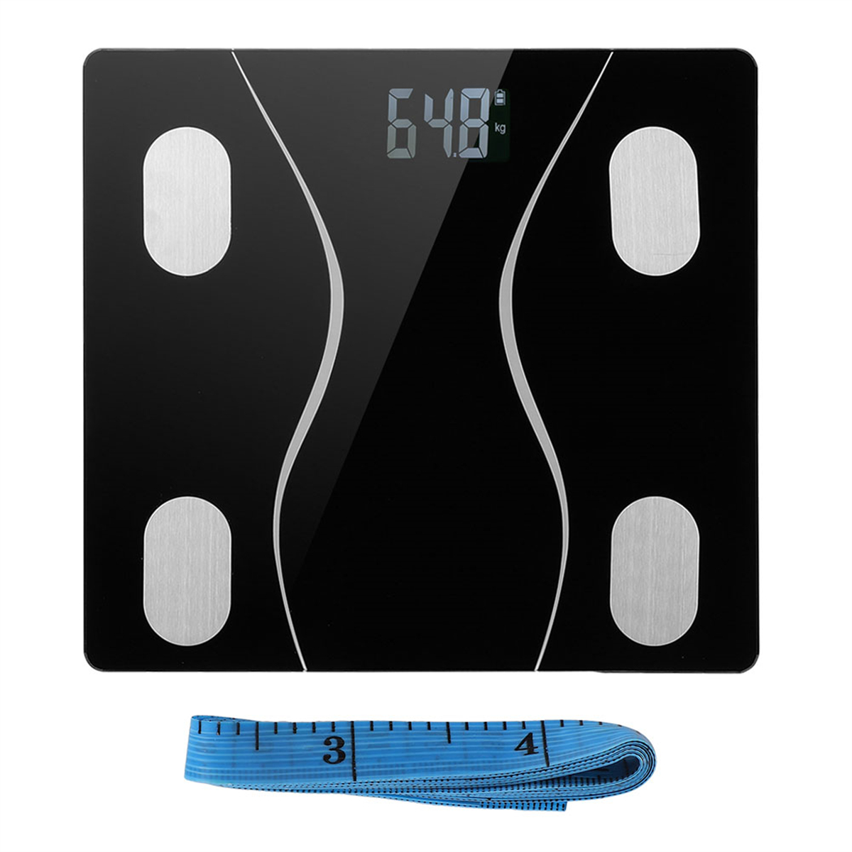 Schwarze Waage mit Digitalanzeige. Zeigt '64.8 kg'. Weißer Hintergrund, Maßband.