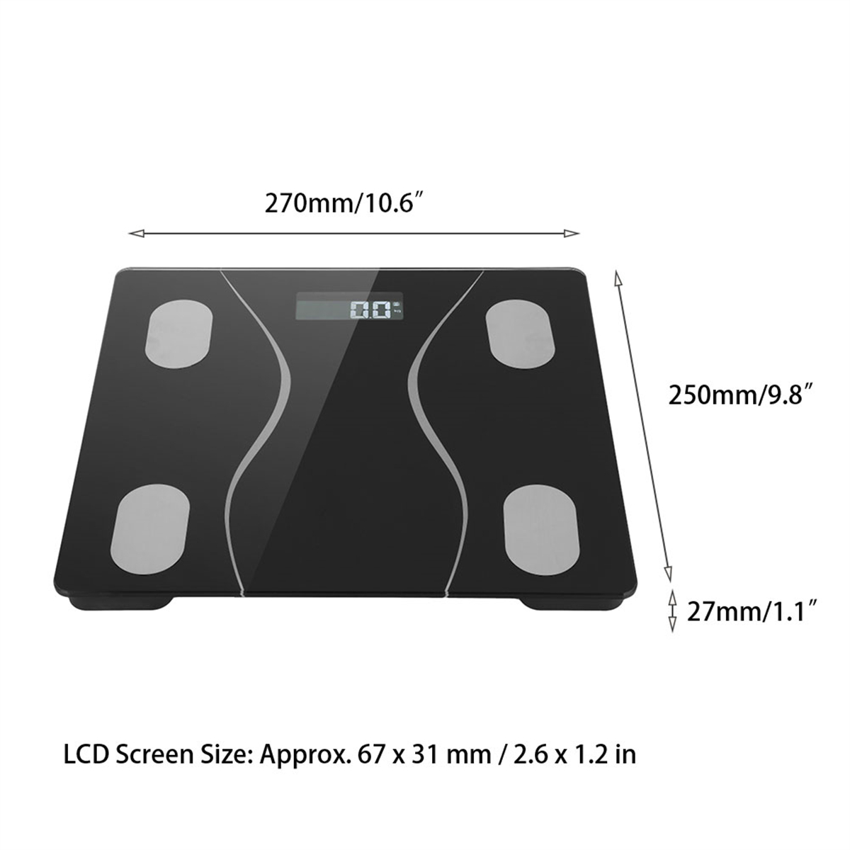 Schwarze Digitalwaage mit vier Kreisen. Zeigt Gewicht. Abmessungen: 270mm/10,6 Zoll x 250mm/9,8 Zoll.