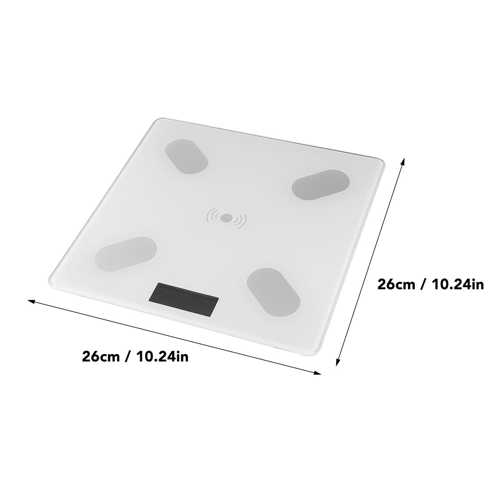 Quadratische Waage mit Messlinien. Abmessungen sind 26cm/10.24in. Vier Kreise auf der Oberfläche.