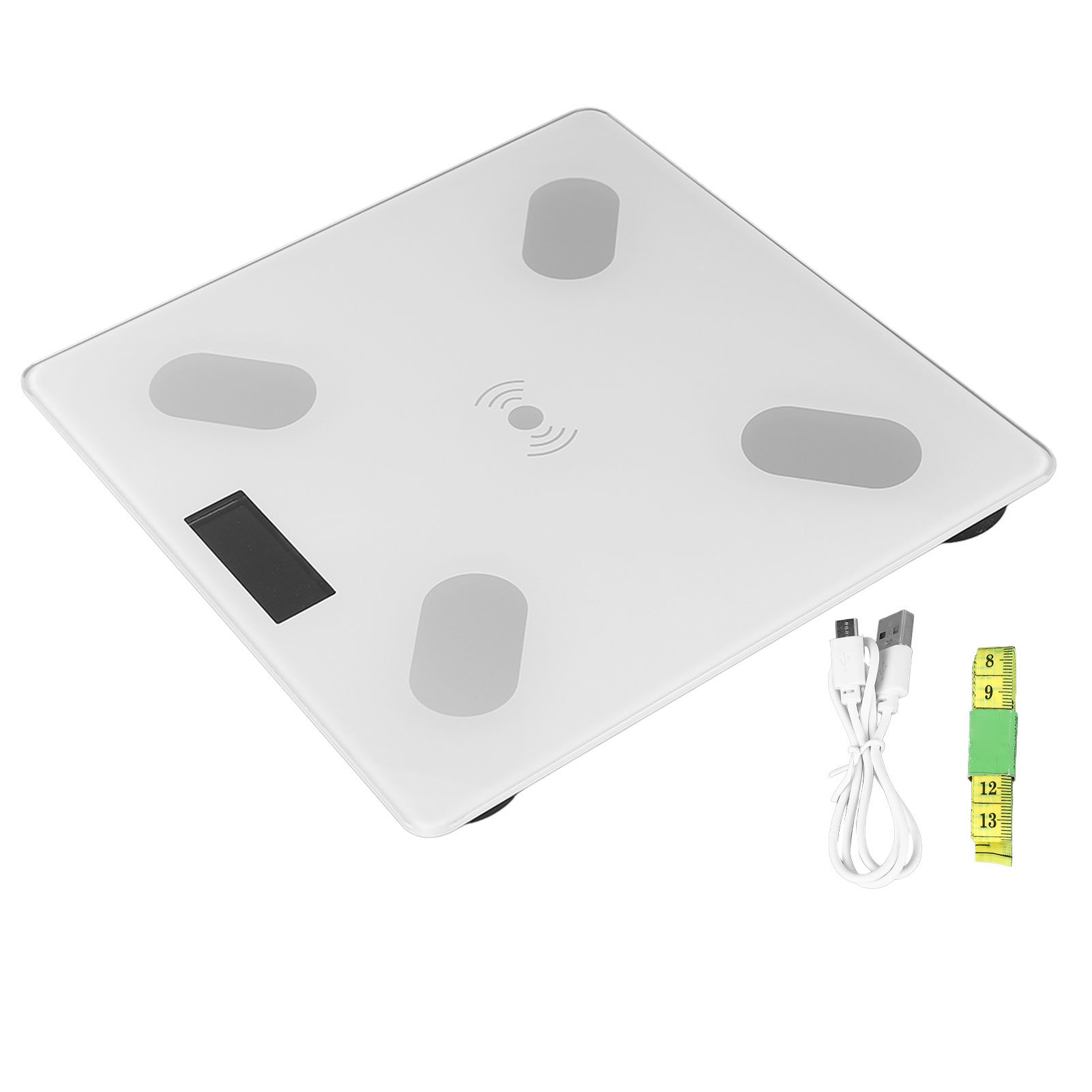 Weiße Smart-Waage mit Ladekabel und Maßband.