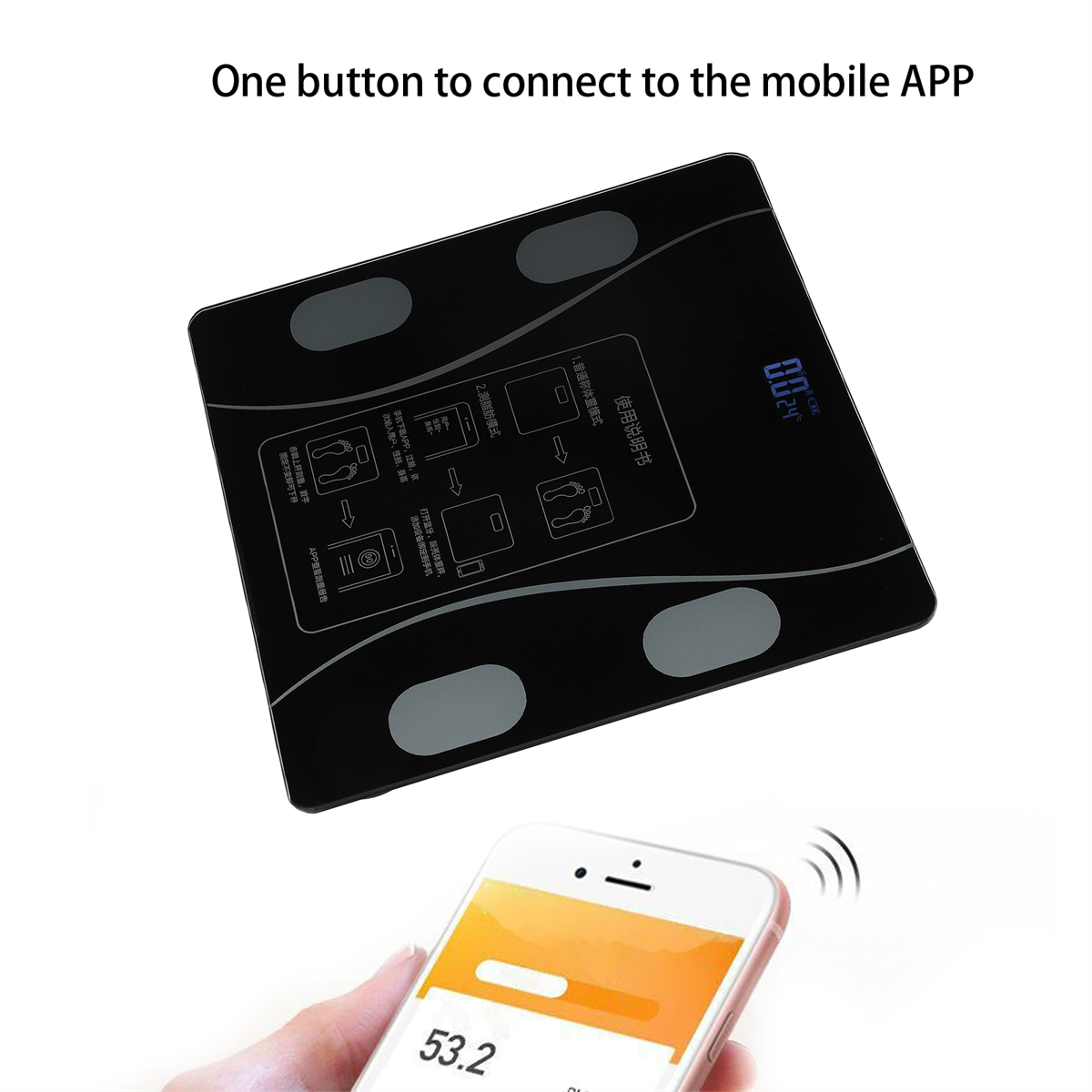 Schwarze Digitalwaage mit Bildschirm, der sich mit einer mobilen App verbindet.