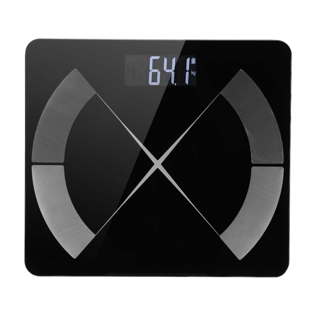 Schwarze digitale Badezimmerwaage mit 64,1 kg auf weißem Hintergrund.