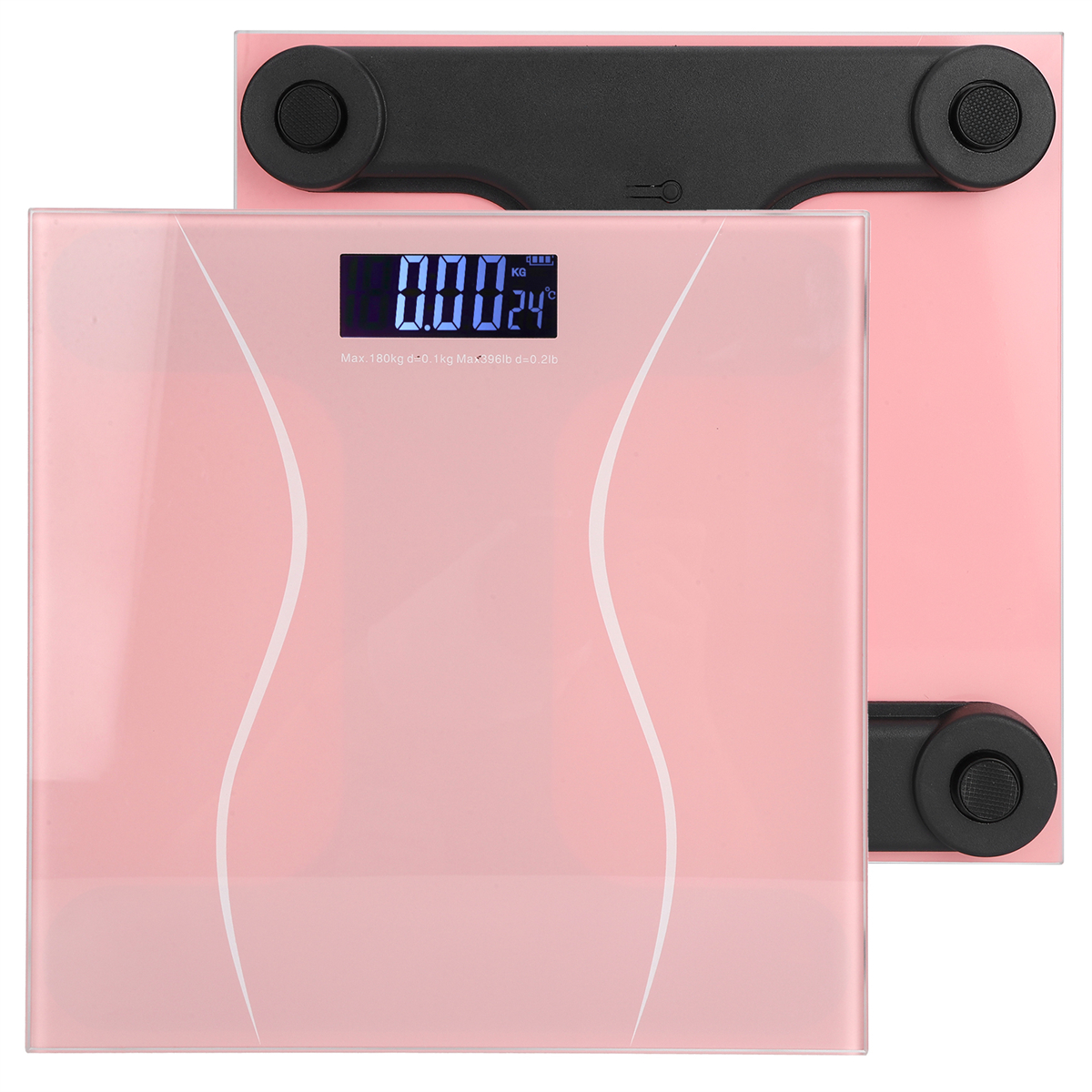 Eine rosa Waage mit einer weißen Silhouette einer Person. Digitalanzeige zeigt 0,00 kg und 24°C.