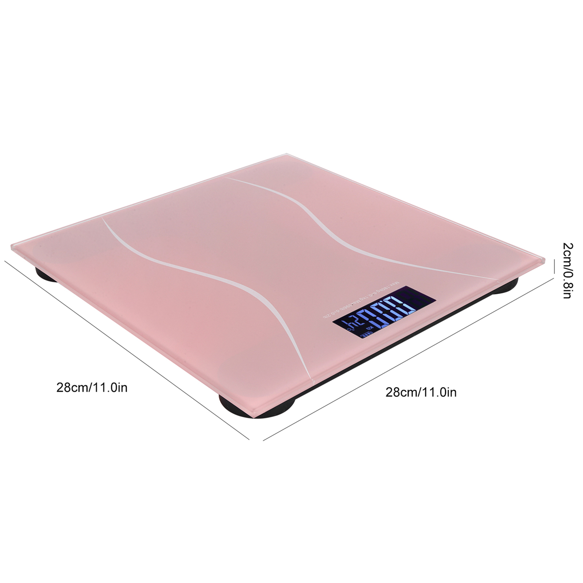 Eine rosa Waage mit digitaler Anzeige, schwarzen Füßen und Abmessungen.