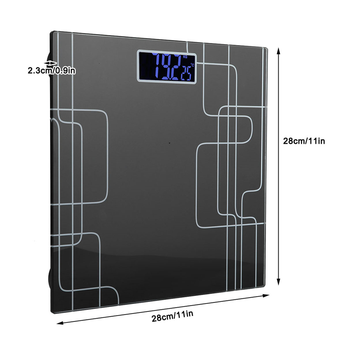 Schwarze digitale Badezimmerwaage. Zeigt Gewicht an. Rechteckiges Design.